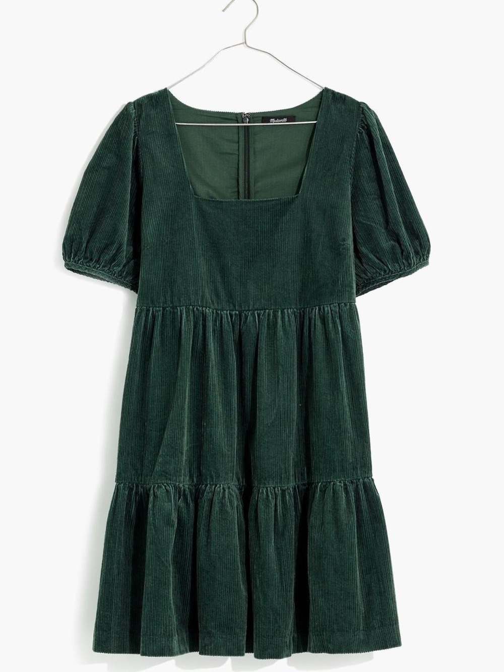 Madewell Dark Green Corduroy Square-Neck Puff-Sleeve Dress
